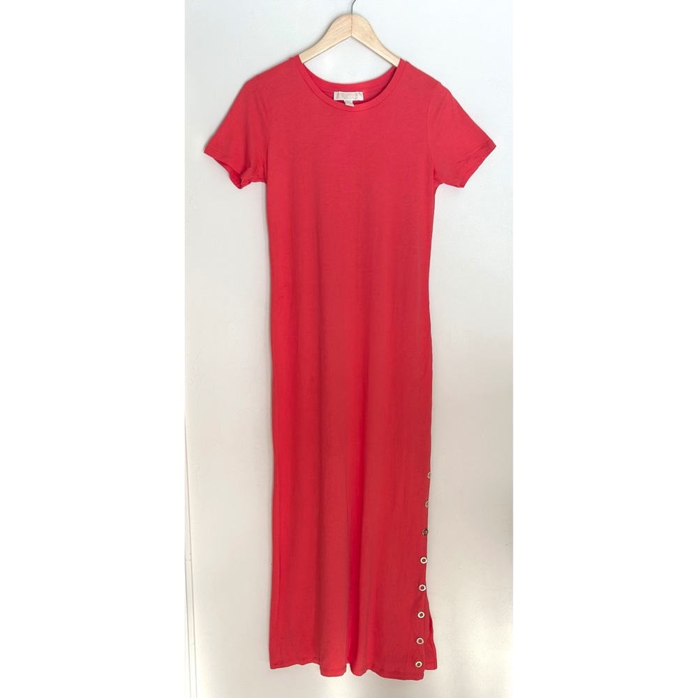 Michael Kors Maxi T-Shirt Sheath Dress Sz M Coral Jersey Knit Grommet Side Slit